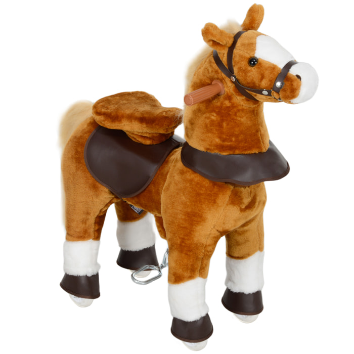 Porteur cheval pour enfant +3 ans cheval debout en peluche 4 roulettes effet sonore marron blanc