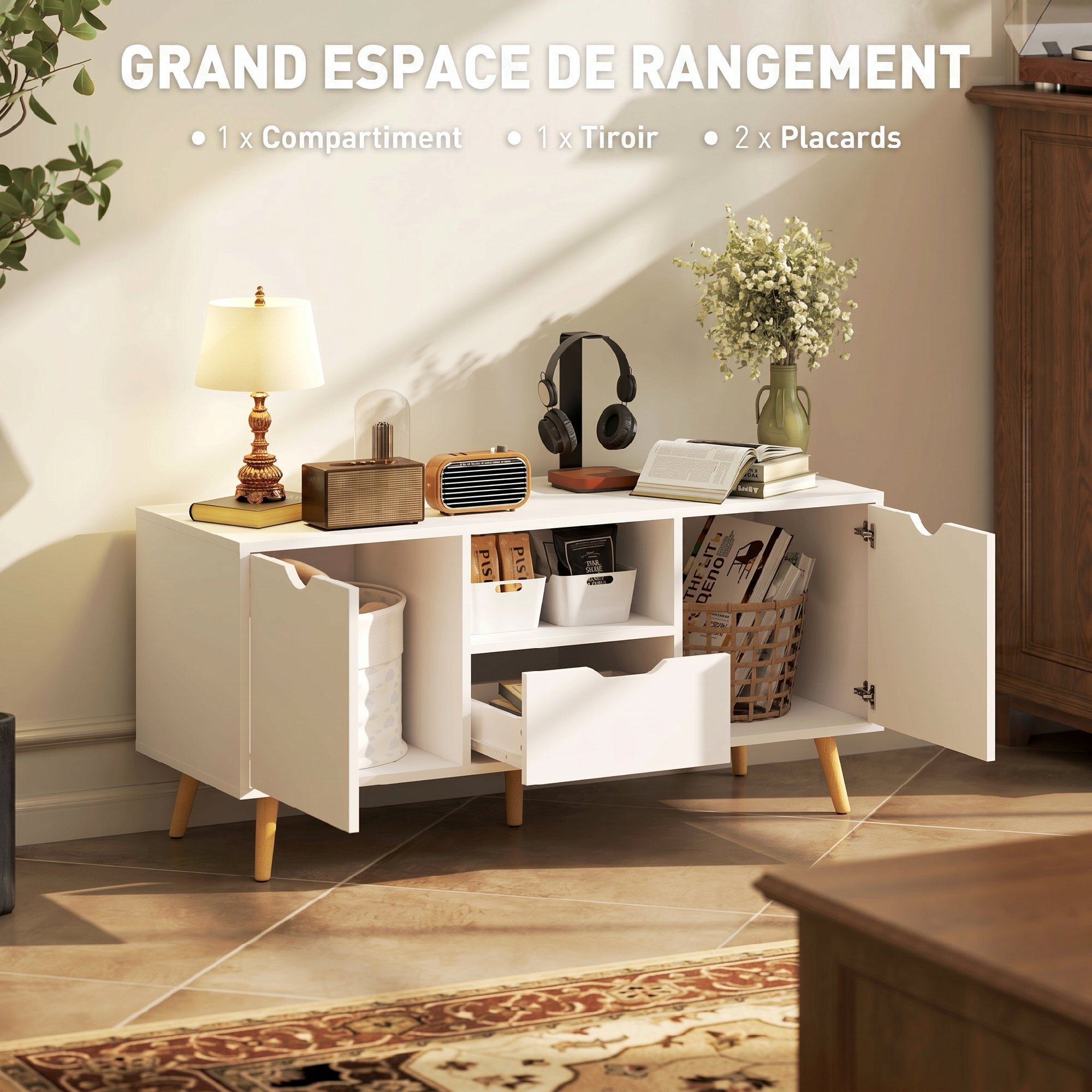 Meuble TV banc TV style scandinave 2 portes tiroir niche piètement bois de pin panneaux blanc