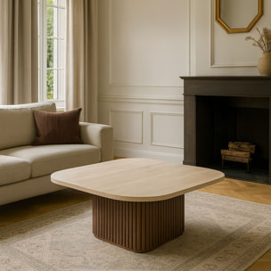 Table basse carré effet travertin et pied effet noyer 80cm ESTHER