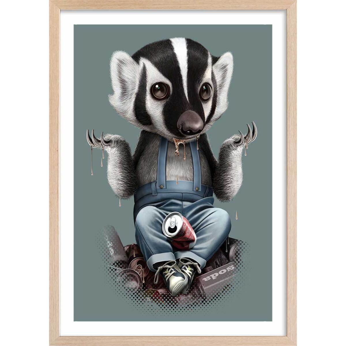 Affiche enfant frisson de blaireau  Affiche + cadre en bois - Chêne