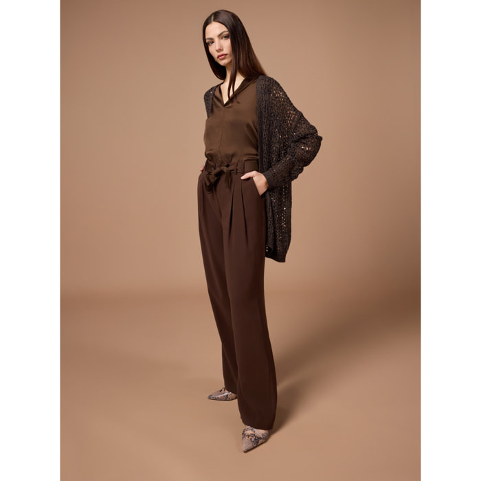 Oltre - Pantalones fluidos con cinturón - Marrón