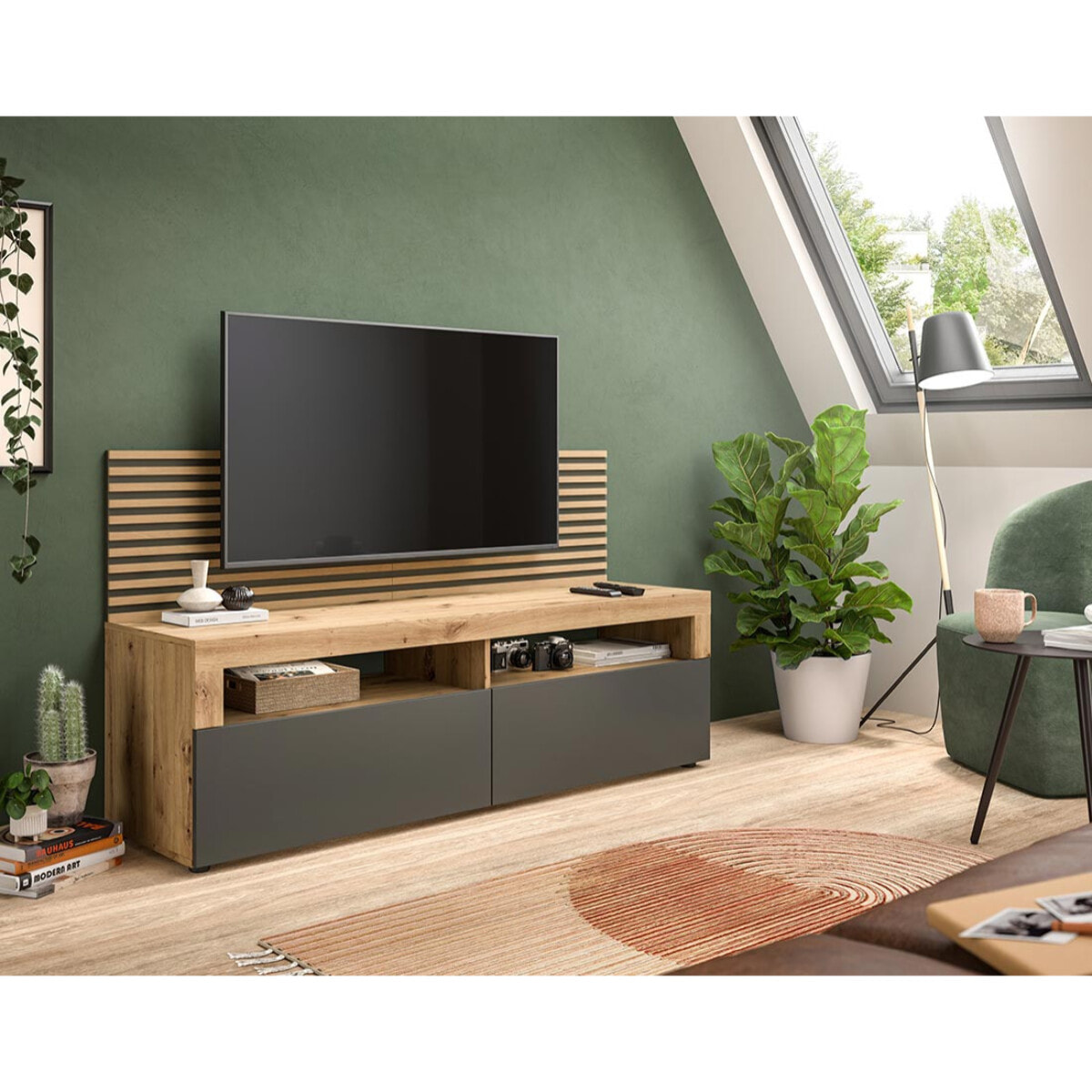 Brentford - meuble tv - effet bois et gris - 2 portes - 160 cm - Bois / Gris