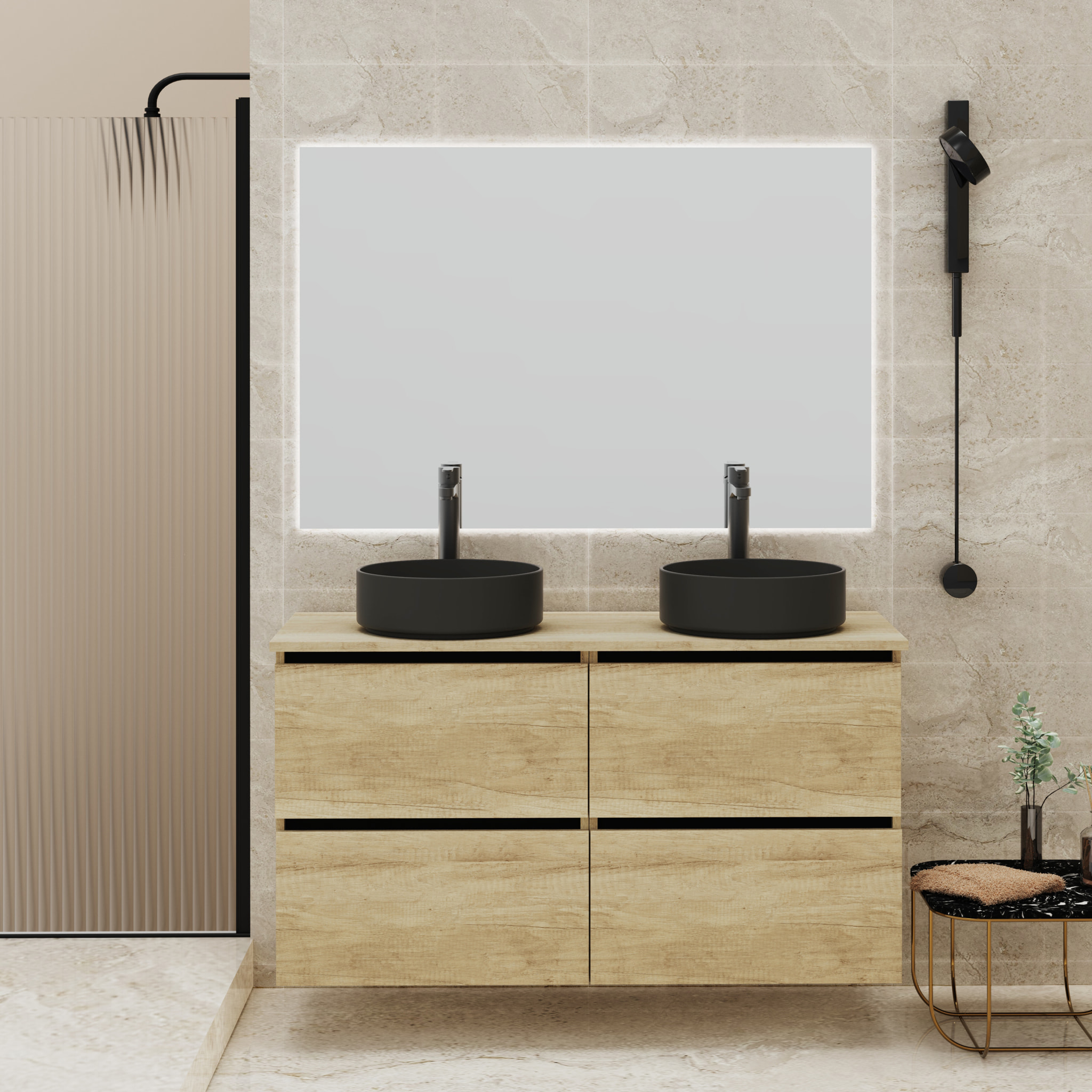 Conjunto de Baño Gloom | Mueble de Baño Suspendido | 140 cm Nature| Cuatro Cajones | Lavabo sobre Encimera | Mueble Montado | Alday