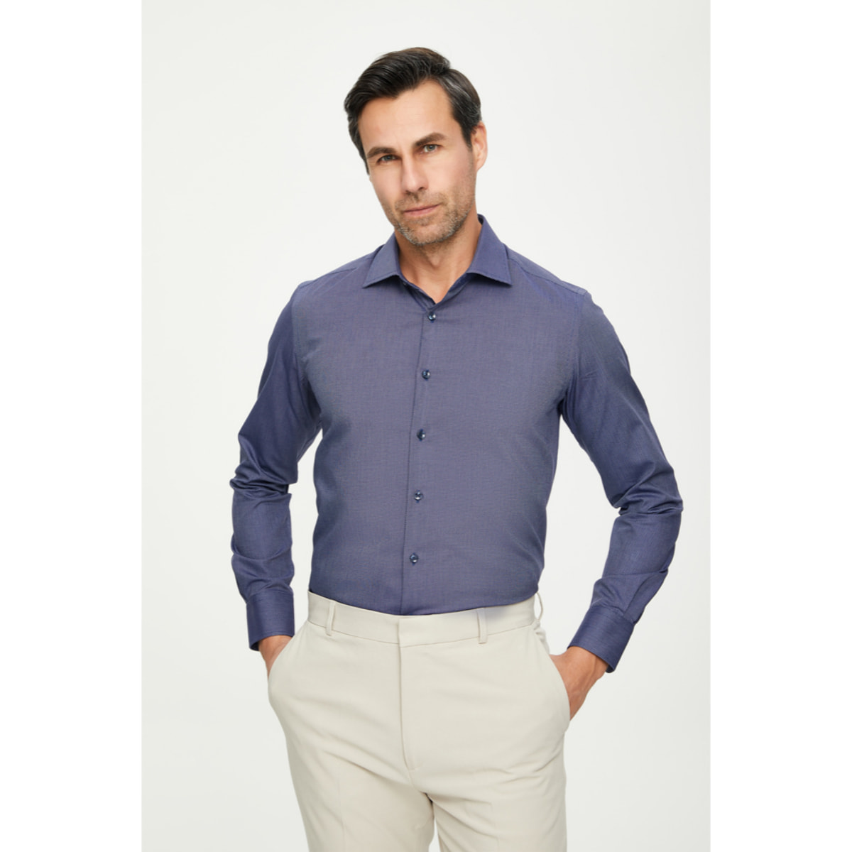 Camicia Uomo 1 Bottone Francese Slim Jacquard Fantasia Blu