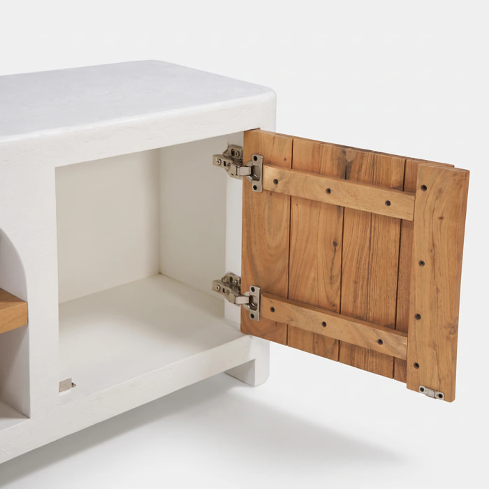 Meuble TV en plâtre blanc cassé et bois d'acacia 145 cm - Fira