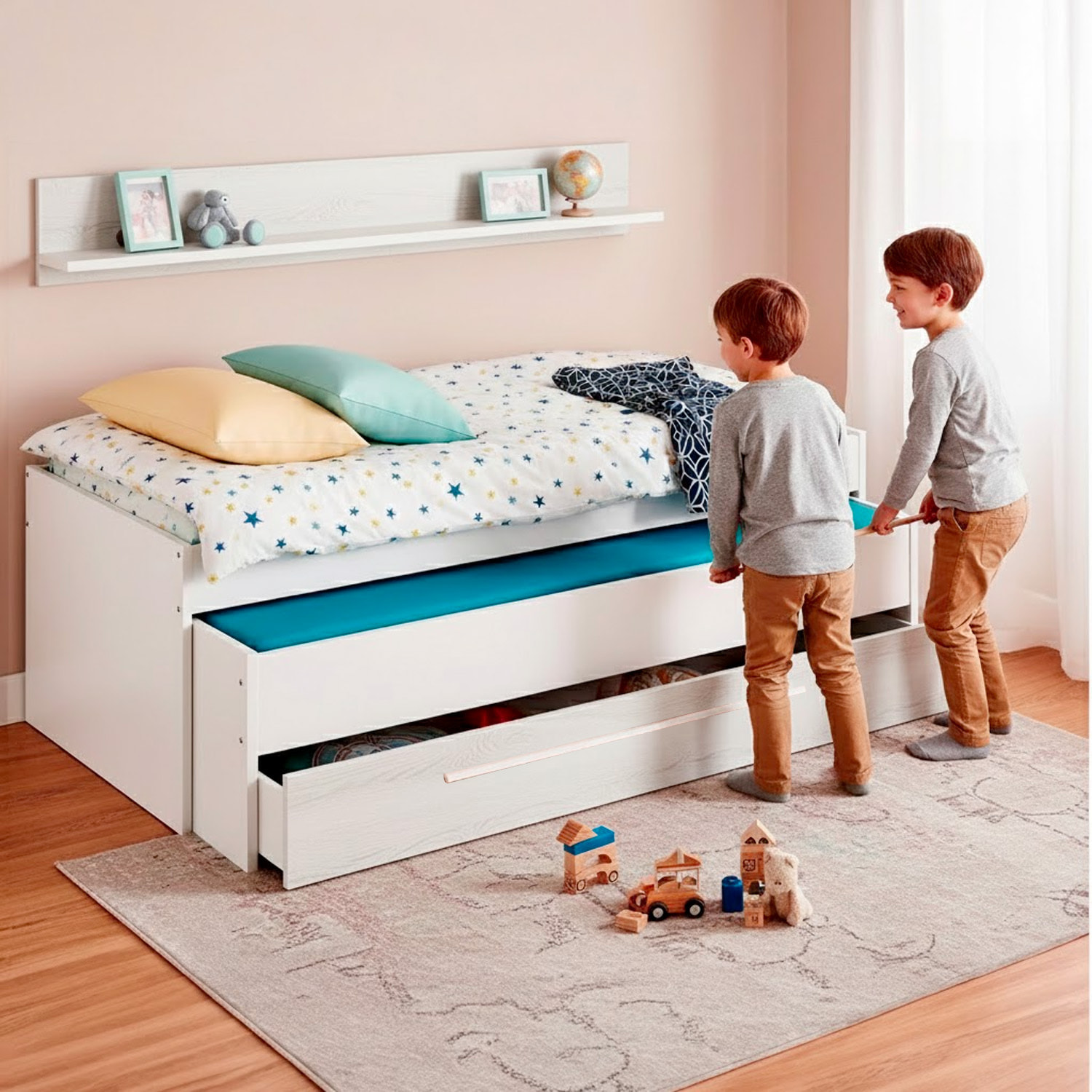 Letto A Castello Salvaspazio Con Letto Estraibile Cassetto E Mensola Design Nordico Ideale Per Camerette  65×199×96 Cm Bianco e Bianco Effetto Legno