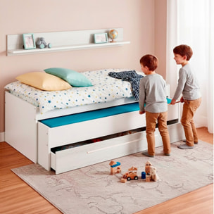 Letto A Castello Salvaspazio Con Letto Estraibile Cassetto E Mensola Design Nordico Ideale Per Camerette  65×199×96 Cm Bianco e Bianco Effetto Legno