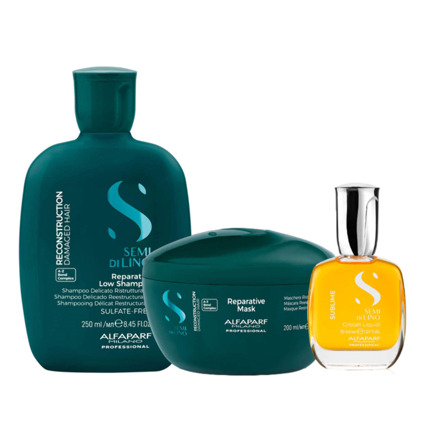 ALFAPARF MILANO Kit Semi Di Lino Reparative Low Shampoo 250ml + Mask 200ml + Cristalli Liquidi 30ml