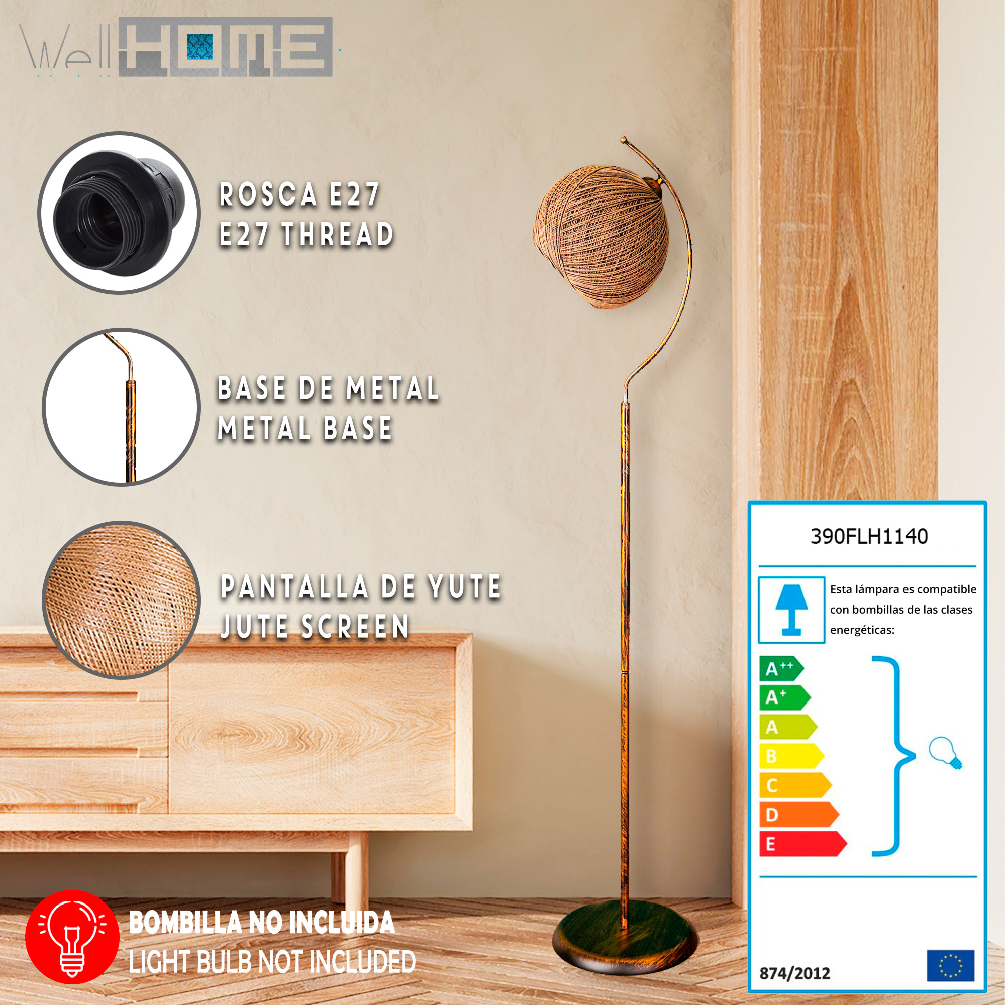 Lámpara de pie 165 cm. negro, tipo E 27 Max 45 - 60 W