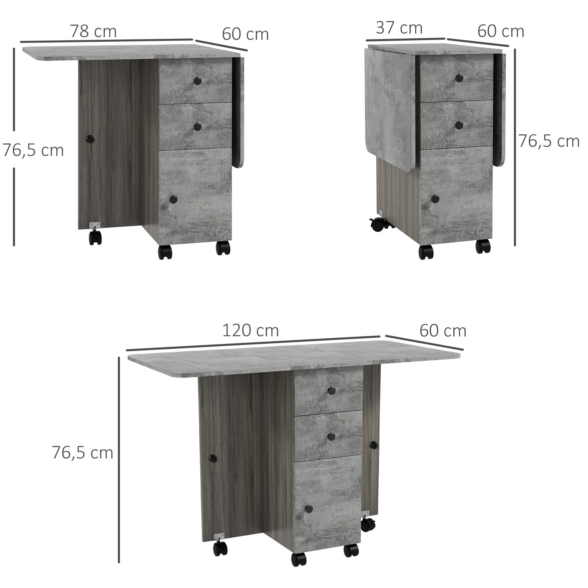 Table pliable de cuisine salle à manger - 2 tiroirs, placard, niche - panneaux aspect bois béton ciré gris