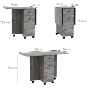 Table pliable de cuisine salle à manger - 2 tiroirs, placard, niche - panneaux aspect bois béton ciré gris