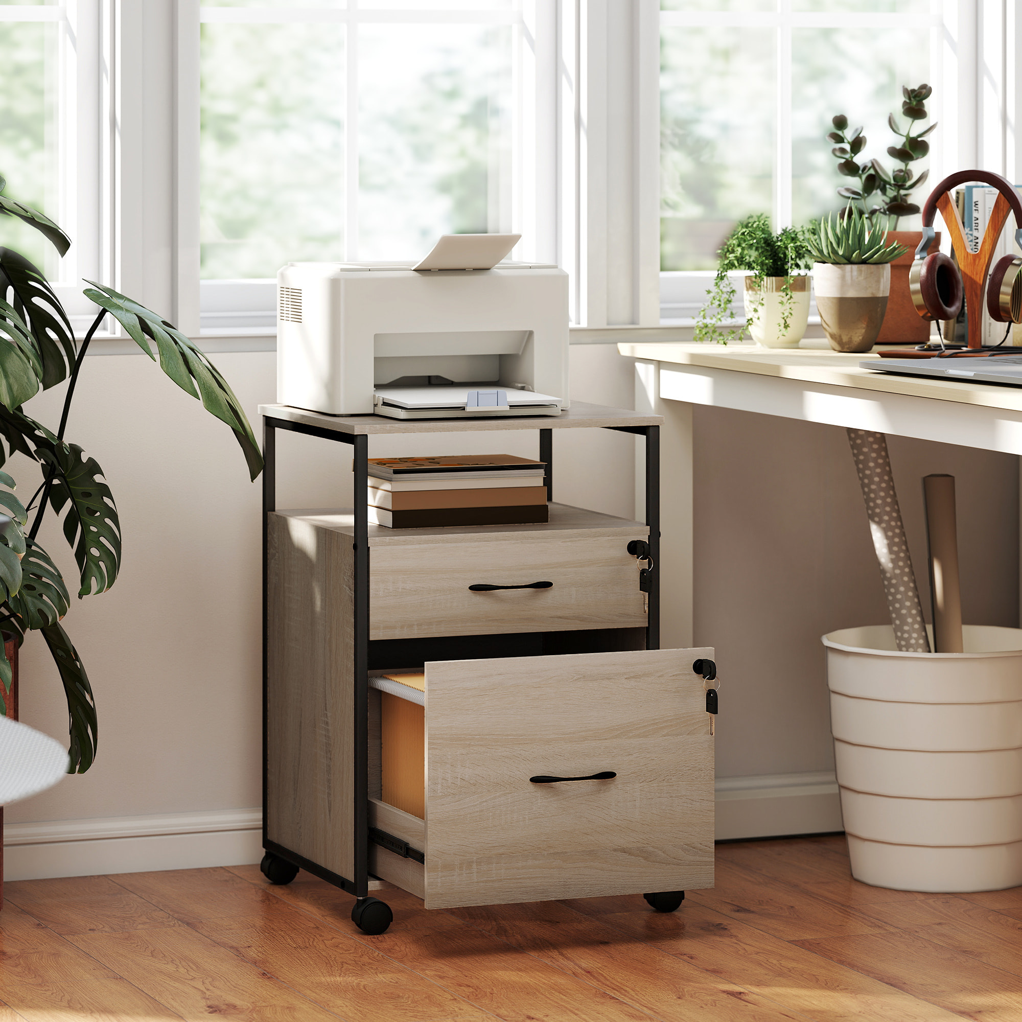 Cajonera de Oficina con 2 Cajones, Cajonera de Escritorio con Ruedas, Barra Colgante, Cerradura y 2 Llaves para A4 Carta, Archivador Móvil para Estudio, 44x40x66,5 cm, Natural