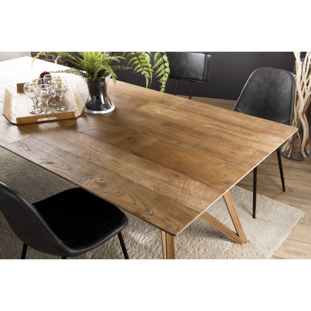 MAXENCE - Table à manger rectangulaire 220x100cm bois teck recyclé pieds croisés teck