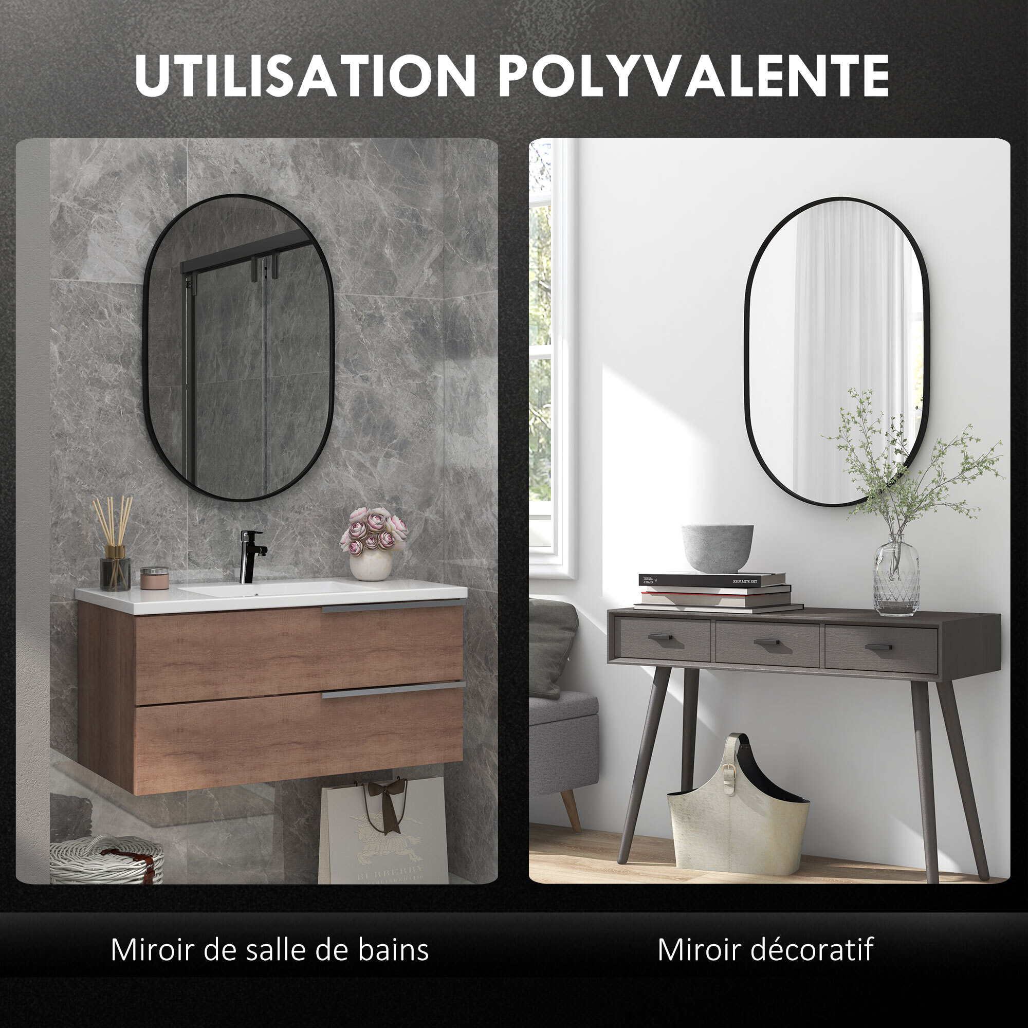 Miroir mural ovale dim. 60L x 90H cm cadre arrondi montage vertical/horizontal alu. noir