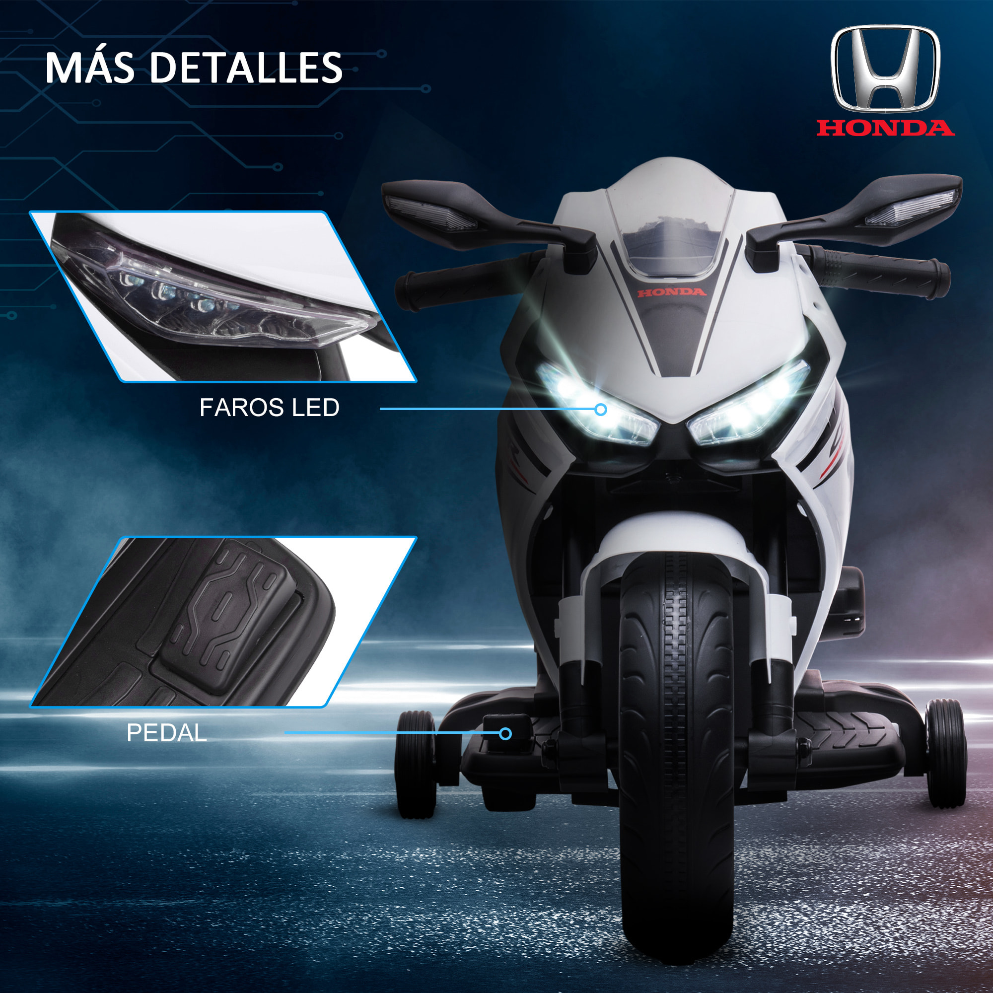 Moto Eléctrica con Licencia HONDA para Niños de 3-5 Años Moto a Batería 6V con Faro Bocina Música y Ruedas Auxiliares Extraíbles Carga 30 kg 90x44x52 cm Blanco