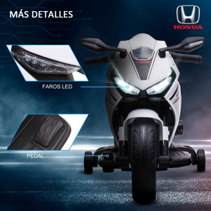 Moto Eléctrica con Licencia HONDA para Niños de 3-5 Años Moto a Batería 6V con Faro Bocina Música y Ruedas Auxiliares Extraíbles Carga 30 kg 90x44x52 cm Blanco