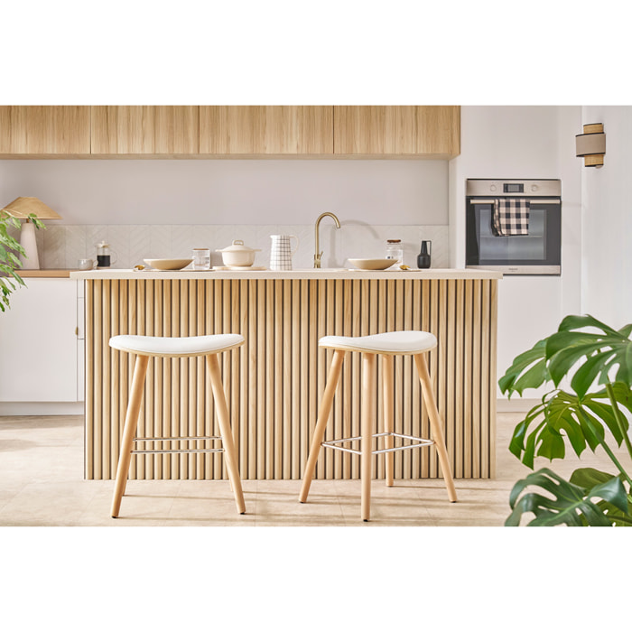 Tabourets de bar en tissu effet velours texturé beige et bois clair H65 cm (lot de 2) MEADOW