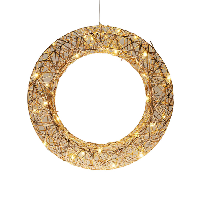 corona navideña en color oro champagne con 30 luces led blancas cálidas 40cm