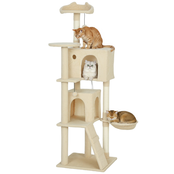 Árbol Rascador para Gatos, Árbol para Gatos 160 cm, Torre Escalador con Múltiples Plataformas, Cama, 2 Cuevas, Hamaca, Escalera, Postes de Sisal, Bolas para Jugar, Beige