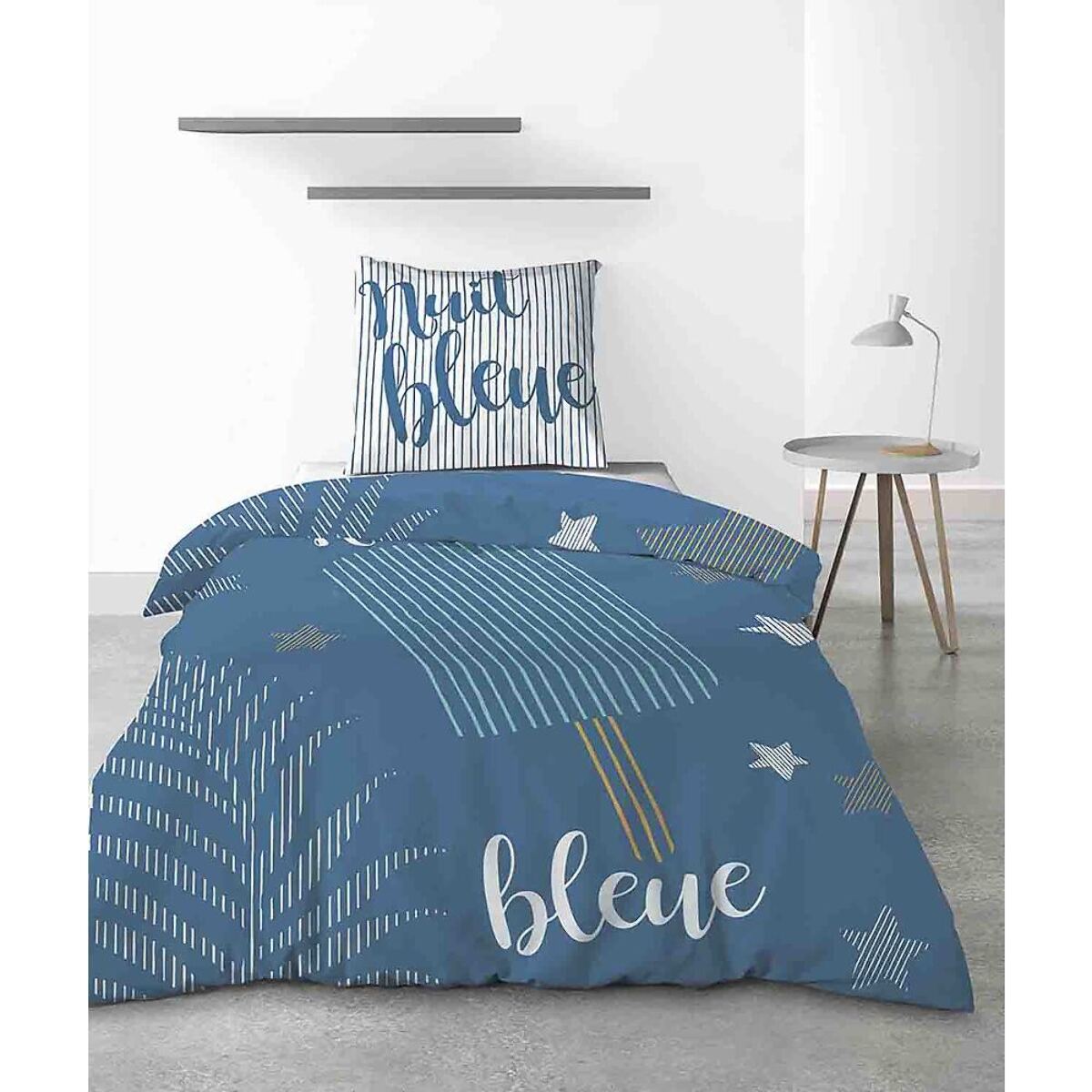 Parure Housse De Couette 2pcs 100% Coton 47fils Nuit Bleue