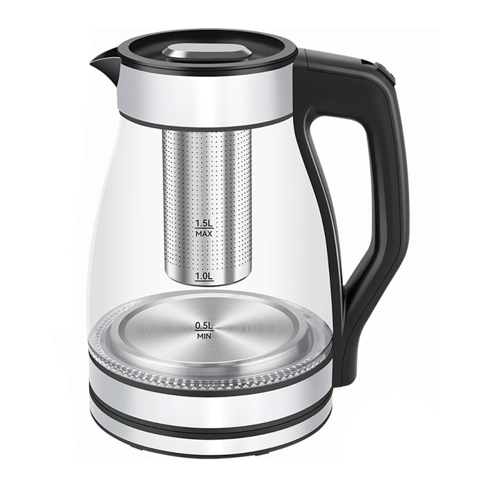 Hervidor de acero y borosilicato con luces LED. 1500W y 1,5L de capacidad.