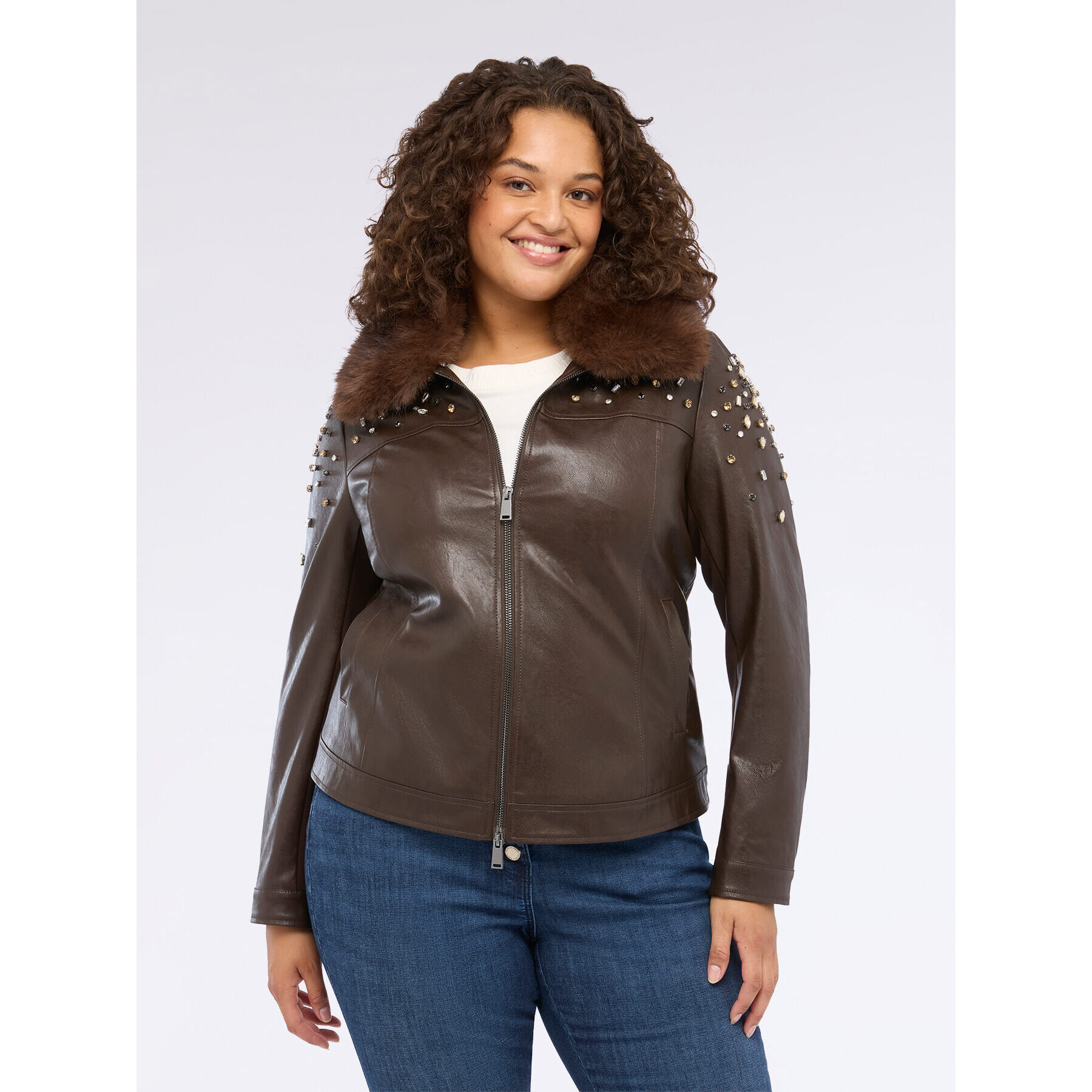 Fiorella Rubino - Chaqueta biker con puntos de luz y cuello de peluche - Marrón