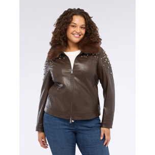 Fiorella Rubino - Chaqueta biker con puntos de luz y cuello de peluche - Marrón