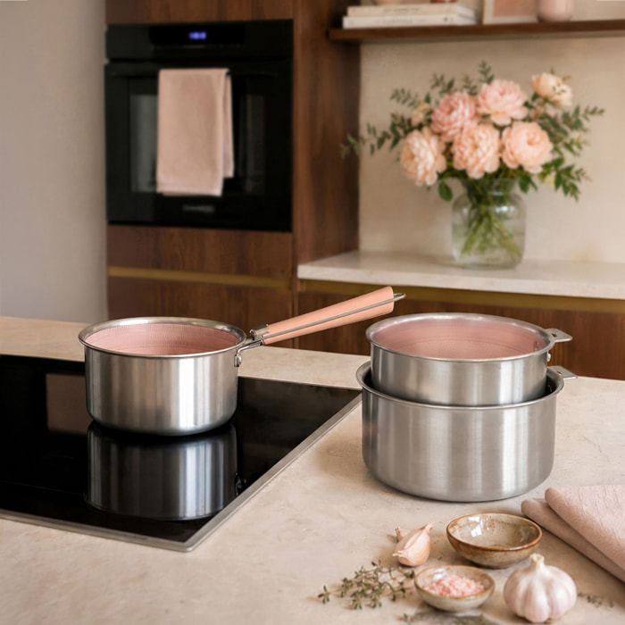 Set de 3 casseroles en acier inoxydable et une poignée amovible rose AGLAE