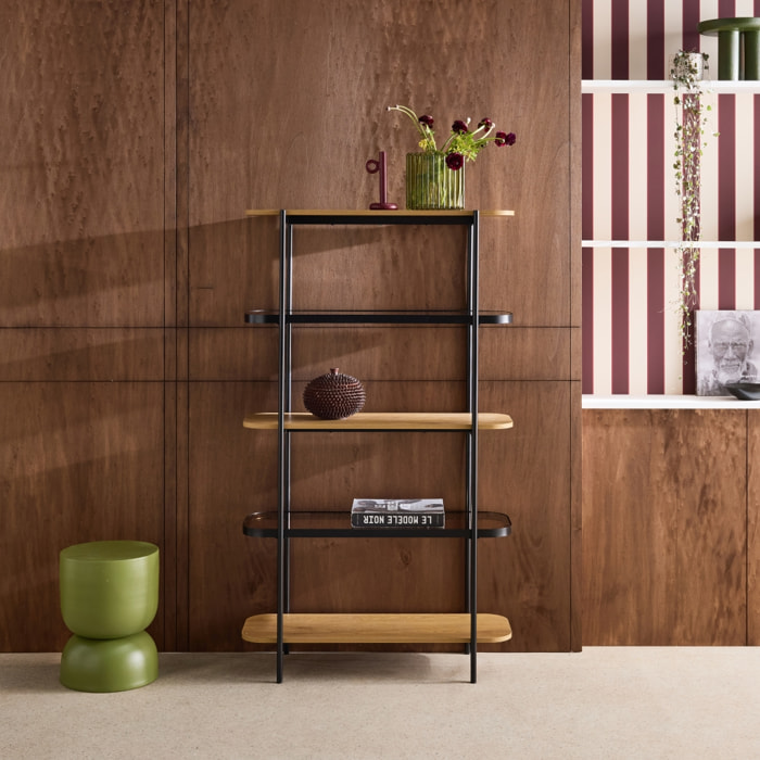 Etagère bibliothèque verre, décor bois et métal 5 niveaux SMOOKY