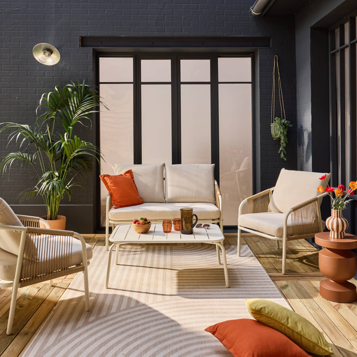 Salon de jardin FIORA en acier. 4 personnes. blanc et beige