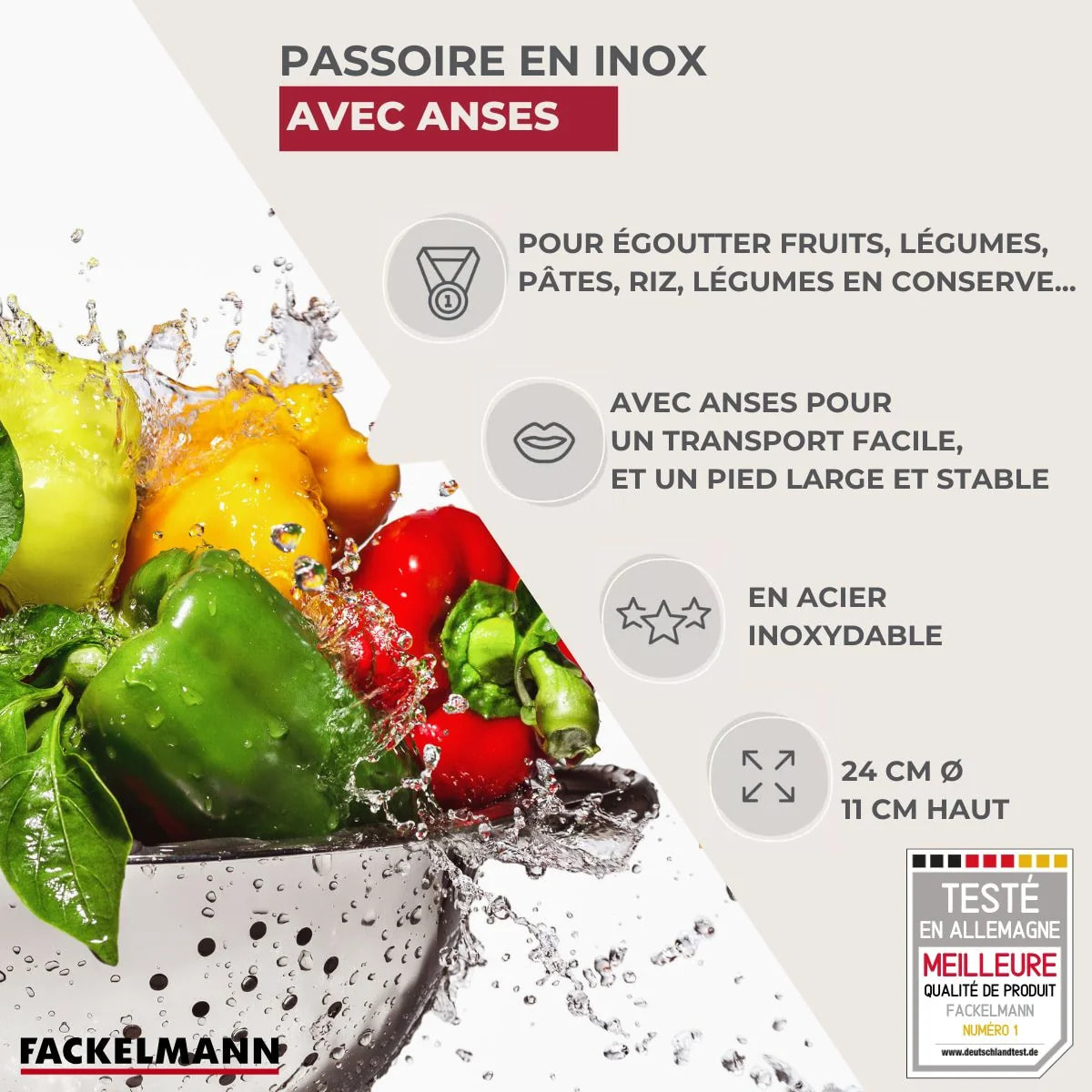Ensemble de 2 Passoires inox 24 cm avec anses Fackelmann