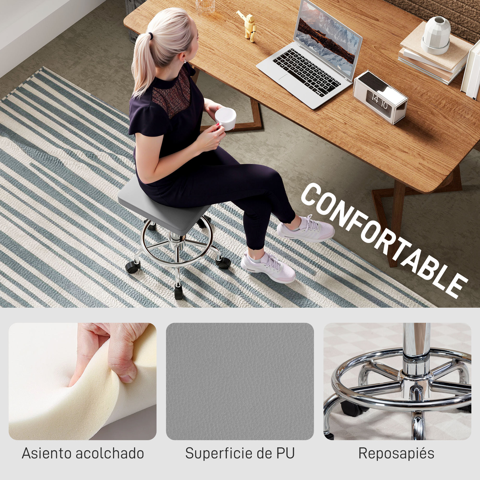 Taburete Giratorio Taburete con Ruedas Altura Regulable 50-66 cm Asiento Tapizado de Cuero Sintético Reposapiés para Salones y Talleres Gris