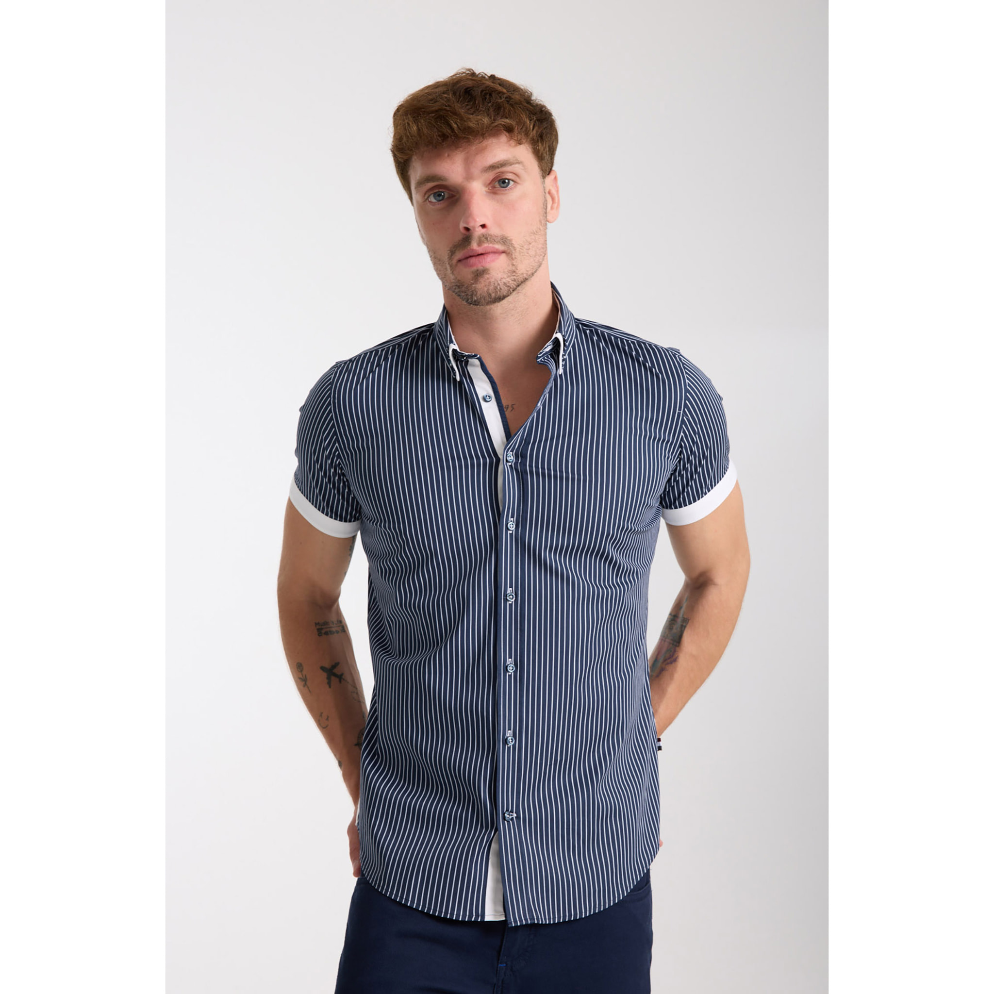 camicia uomo slim 1 bottone button down doppio collo Popeline Stretch Riga Media Blu\Bianco