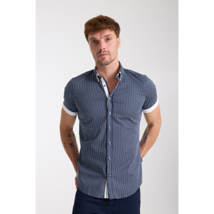 camicia uomo slim 1 bottone button down doppio collo Popeline Stretch Riga Media Blu\Bianco