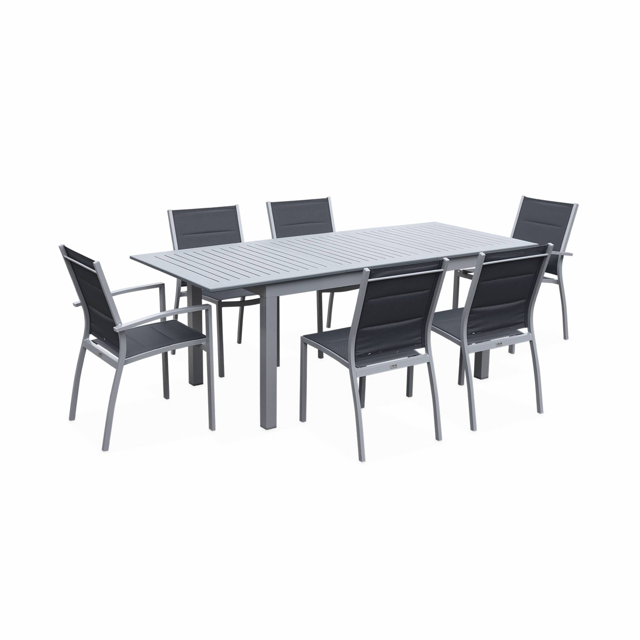 Table de jardin extensible aluminium + 6 assises - Chicago 210 Gris - Table en aluminium 150/210cm avec rallonge et 6 assises en textilène