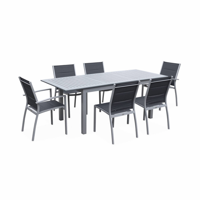 Table de jardin extensible aluminium + 6 assises - Chicago 210 Gris - Table en aluminium 150/210cm avec rallonge et 6 assises en textilène