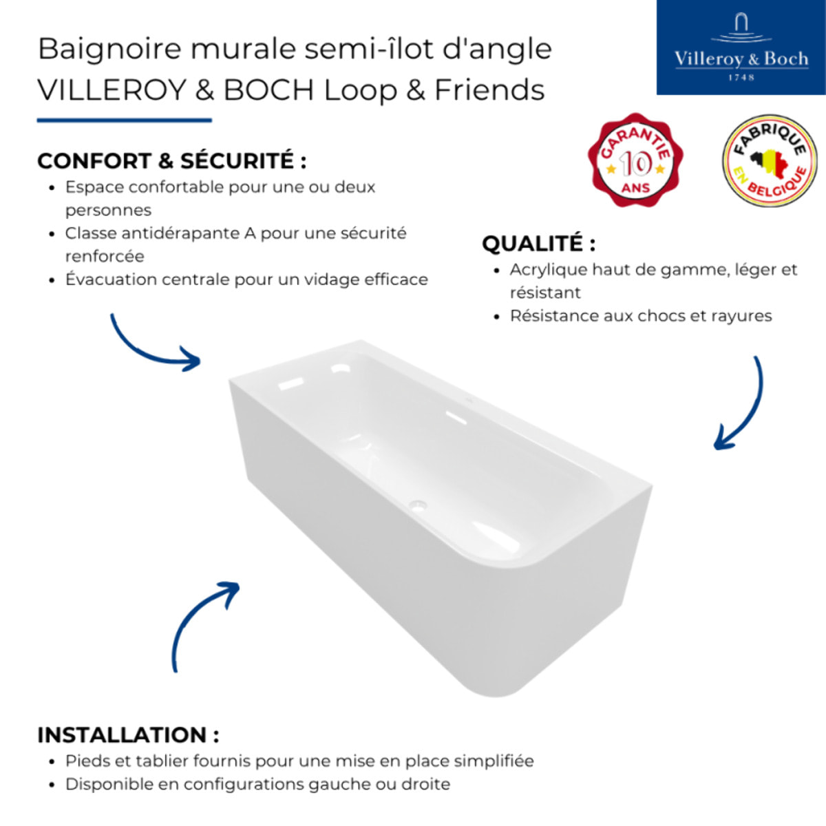 Baignoire semi-îlot d'angle VILLEROY & BOCH Loop & Friends version droite avec bonde et trop-plein blanc