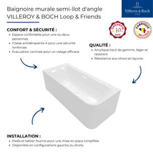 Baignoire semi-îlot d'angle VILLEROY & BOCH Loop & Friends version droite avec bonde et trop-plein blanc