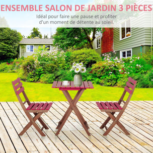 Ensemble bistro de jardin 3 pièces pliantes style colonial 2 chaises + table bois pin pré-huilé peint rouge