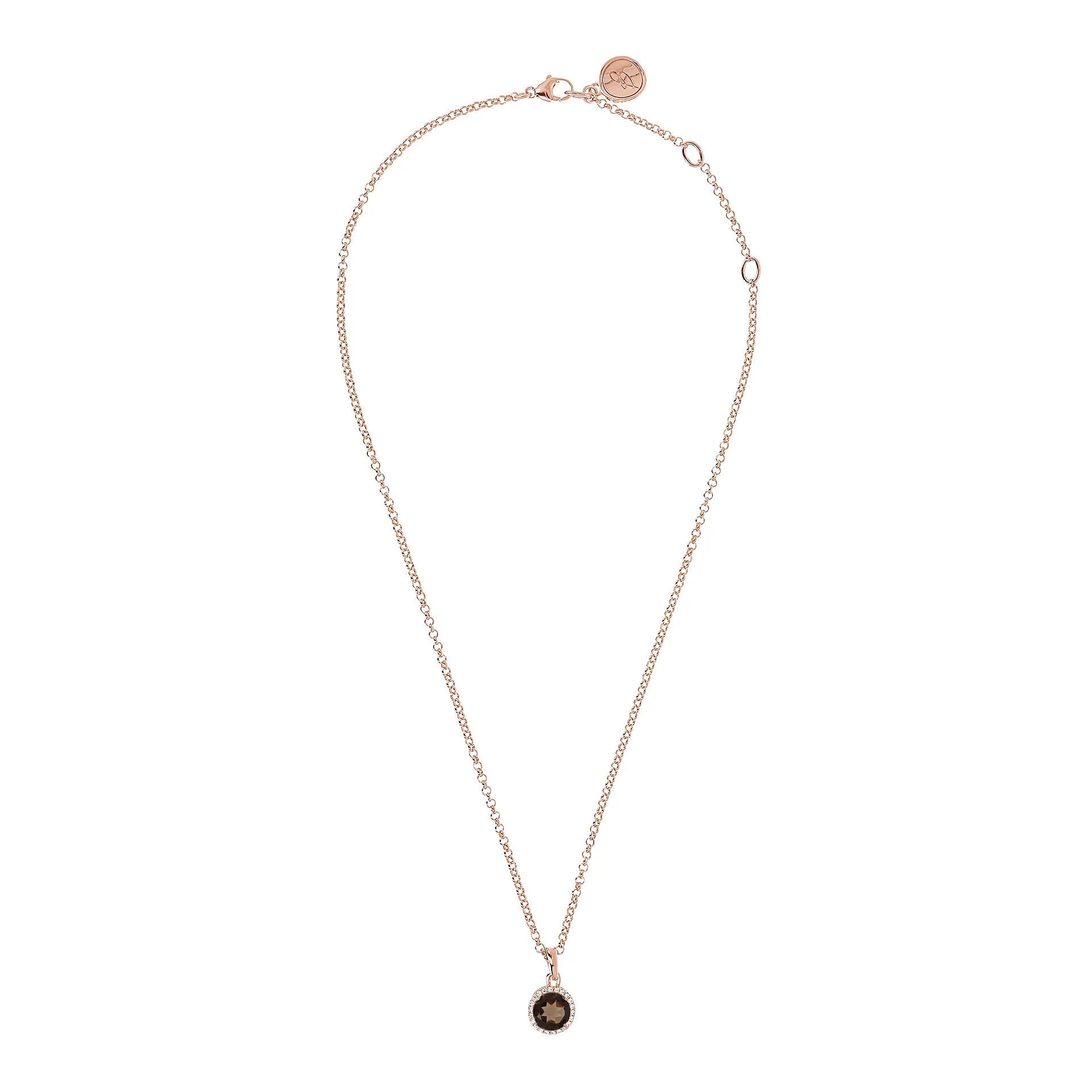 Collana Catena Rolo con Pendente Tondo in Quarzo Marrone e Cubic Zirconia