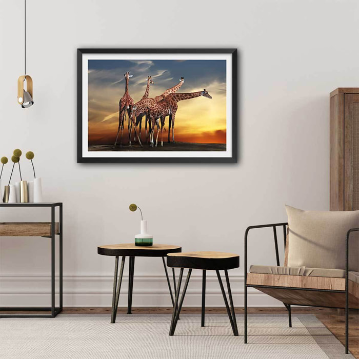 Affiche animaux girafes meeting Affiche + cadre en bois - Noir