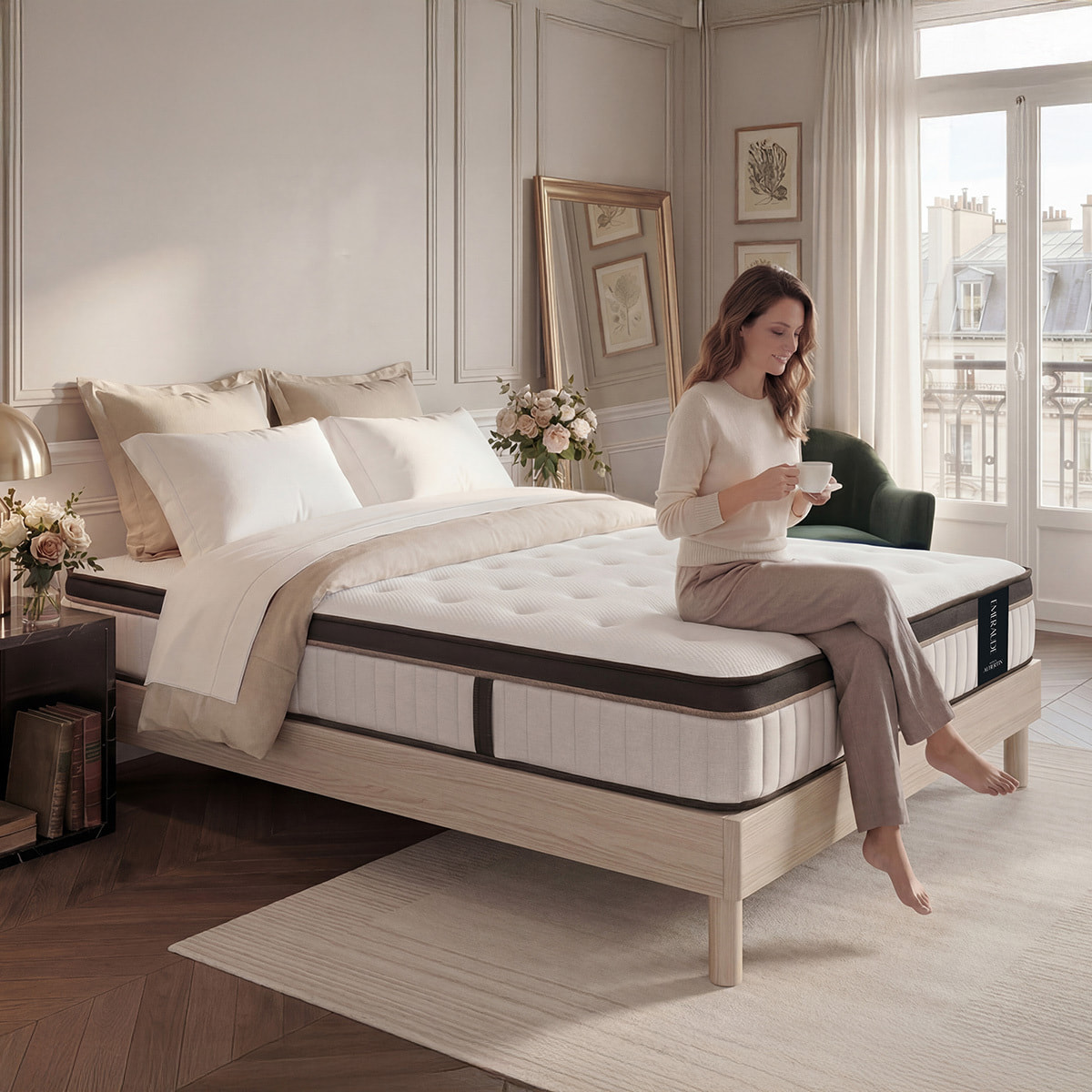 Ensemble Matelas Émeraude & Sommier Kit Bois, Mémoire de Forme & Air System, 25 cm, Accueil Moelleux, Soutien Ferme, Lattes Actives