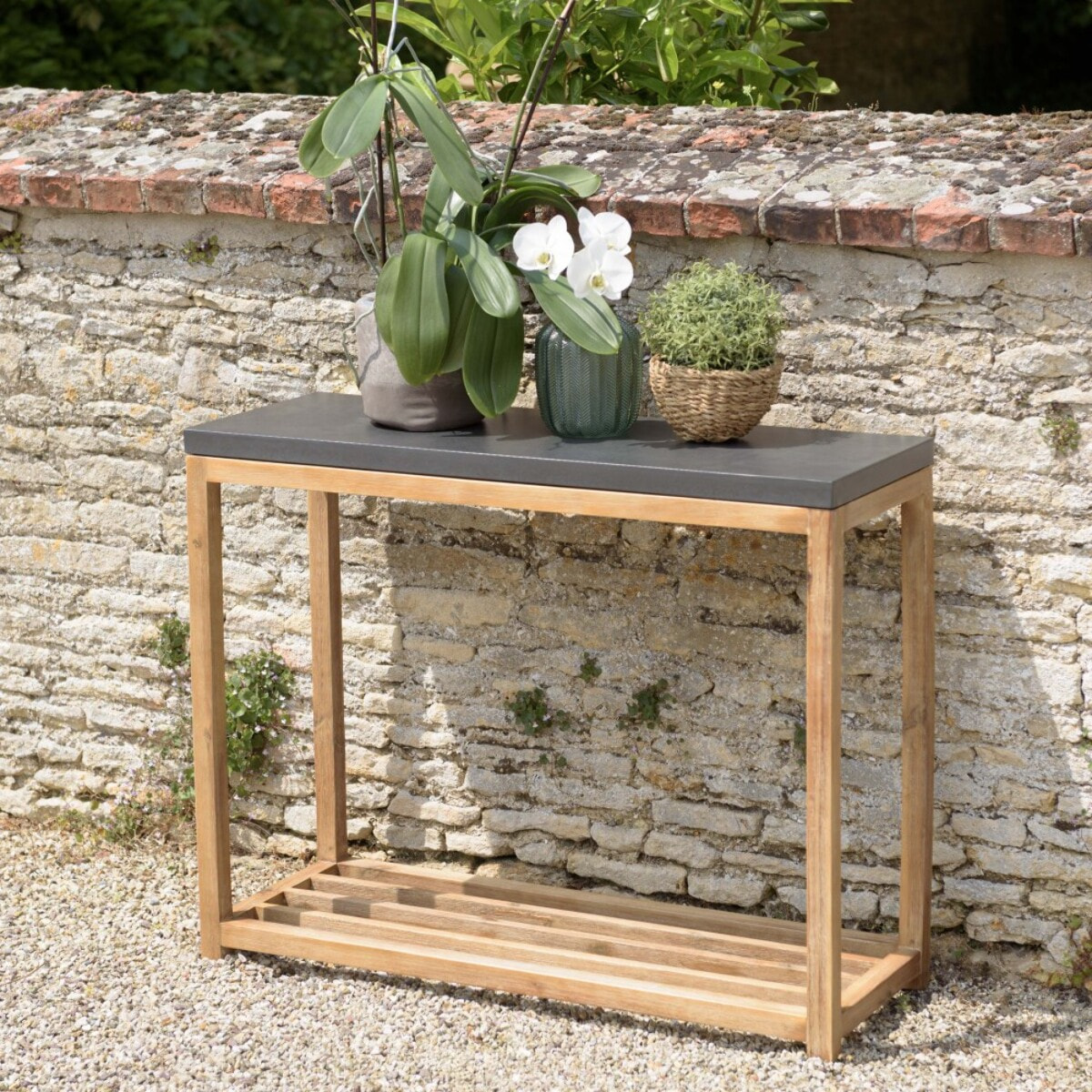 HECTOR - Console rect. GM double plateau effet béton foncé et acacia