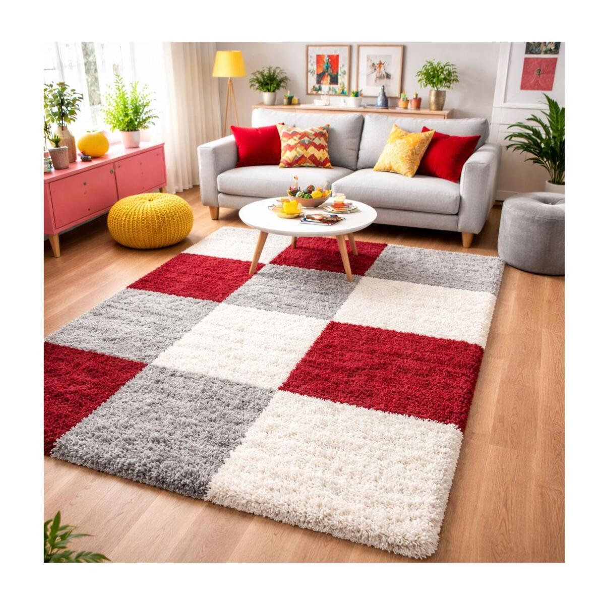 Tapis poils longs shaggy tissé motif damier JOJU