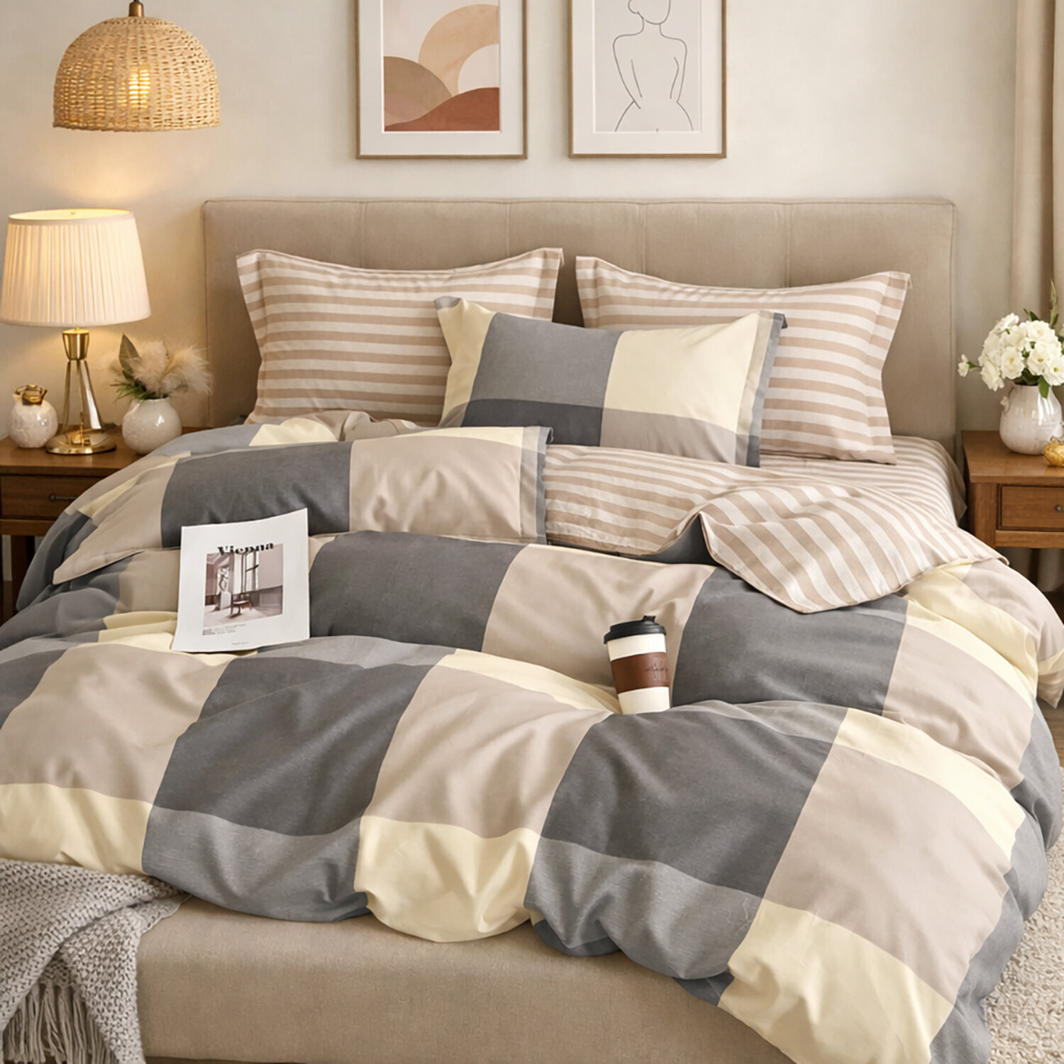 Parure housse de couette 100% percale de coton - motif carreaux beige gris