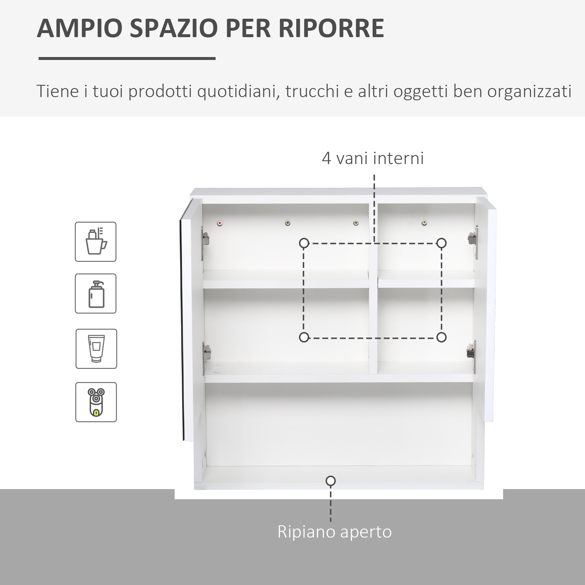 kleankin Mobiletto Bagno Pensile con Specchiera e Ripiani Regolabili, 54x15x55cm - Bianco