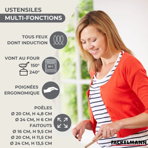 Set 2 poêles 20 24 cm, 3 faitouts 16, 20 et 24 cm en inox et 6 ustensiles inox Fackelmann Geneva