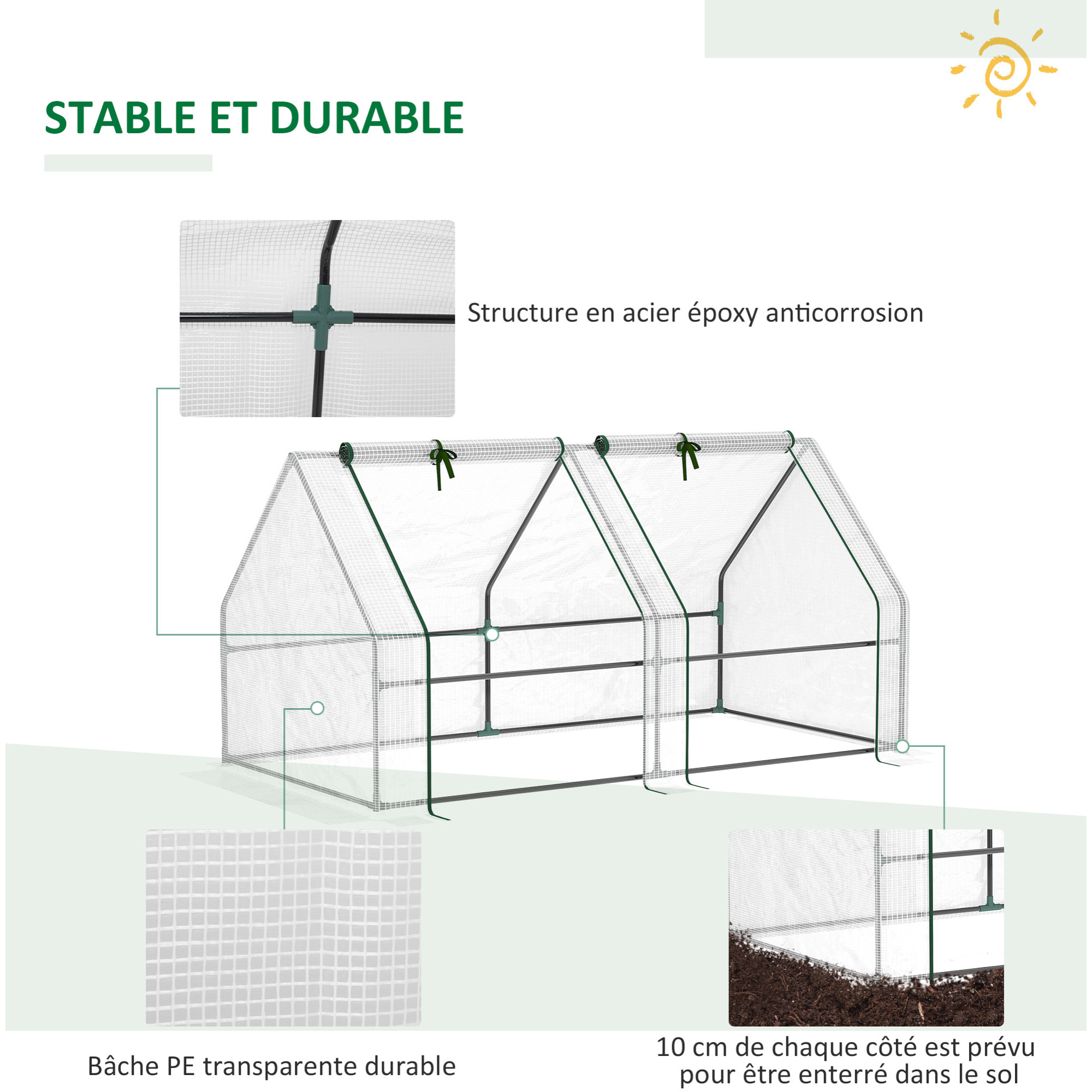 Mini serre de jardin serre à tomates 180L x 90l x 90H cm acier PE haute densité 140 g/m² anti-UV 2 fenêtres avec zip enroulables blanc