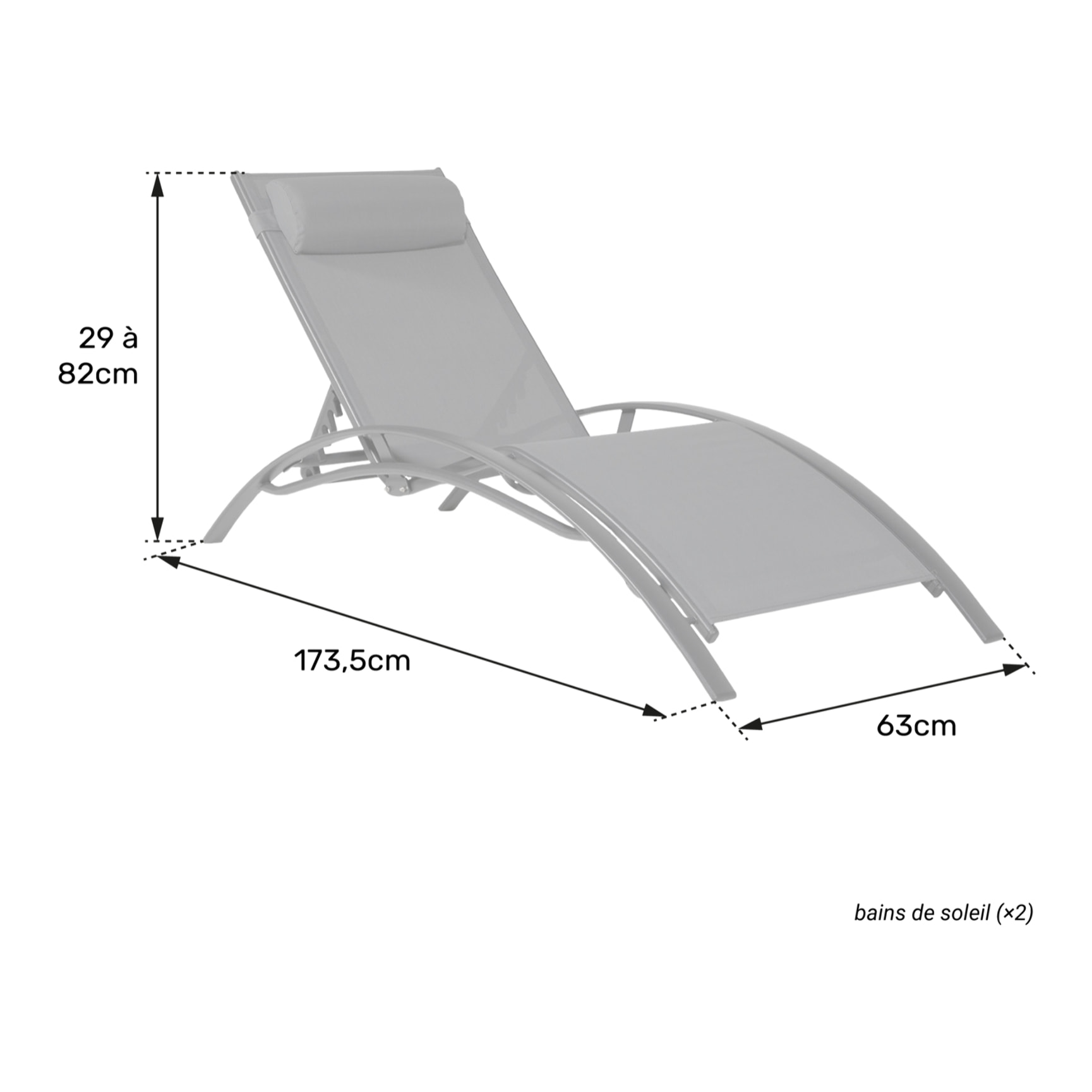 Lot de 2 transats GALAPAGOS en textilène gris - aluminium gris anthracite