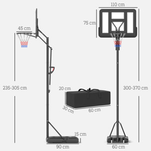 Canasta de Baloncesto de Exterior con Altura Ajustable 235-305 cm Aro de Baloncesto con Soporte Canasta de Baloncesto con Ruedas Base Rellenable Bolsa de Peso Negro